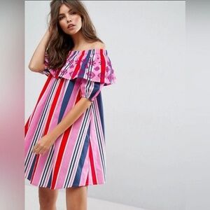 ASOS Vertical Stripe Embroidered Off the Shoulder‎ Dress size 4